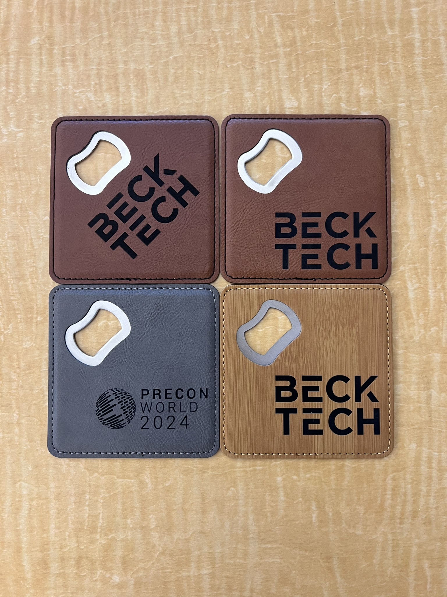 Leather coaster and bottle opener set with custom engraving